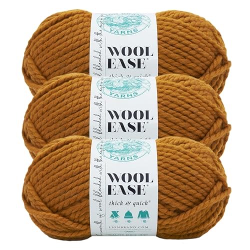 Image of Lion Brand Yarn Wool-Ease Thick & Quick Yarn, Soft and Bulky Yarn for Knitting, Crocheting, and Crafting, 3 Pack, Butterscotch | Super Bulky Wool Acrylic Blend Fiber for Soft Hats, Sweaters, Chunky Blankets, Yarn for Crochet, Knitting, Crafts, Weaving