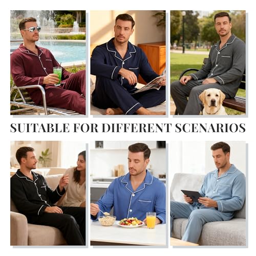 Image of U2SKIIN Mens Cotton Pajama Set, Soft Long Sleeve Pajamas for men Lightweight Button Up Sleepwear Lounge Pjs Set with Pockets