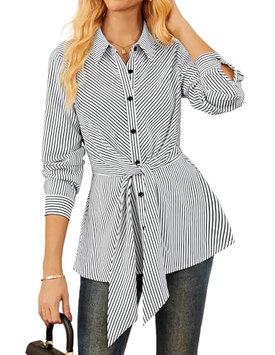 GRACE KARIN Chemisier rayé à manches longues pour femme - Chemise d'affaires boutonnée - Haut péplum à nouer sur le devant, blanc, XL