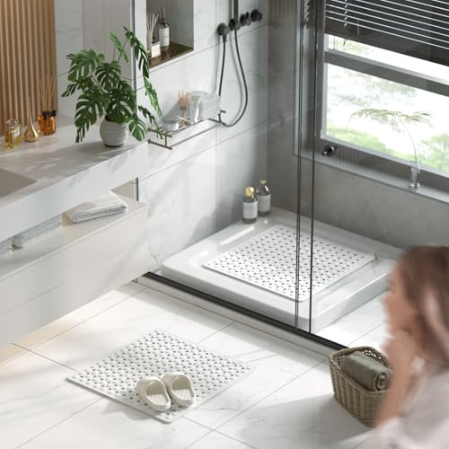 Image of HITSLAM Shower Mat Anti Slip, Square Bath Mat for Tub Non Slip with Suction Cups and Drain Holes, 21x21 Inch Bathroom Shower Stall Floor Mat, Machine Washable, Soft on Feet, White