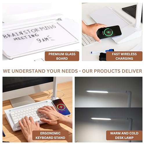 Image of Garood Glass Desktop Whiteboard with Storage Wireless Charger and LED Light Desk Whiteboard Desktop Glassboard Desk White Board Desk Dry Erase Board Phone Holder 15.8X7X2 in