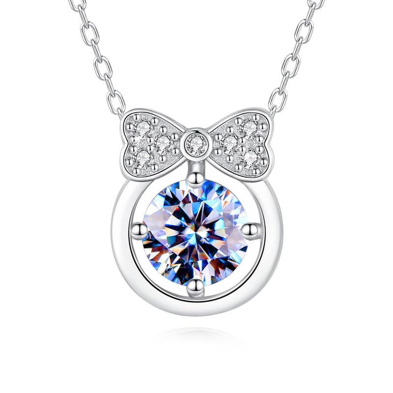 Handmade Sterling Silver Necklace Bow Tie Moissanite Pendant With Gift Wrapped Box For Her Woman Wife Girlfriend Daughter Present For Birthday Valentine Wedding Anniversary (NBC54) Thumbnail