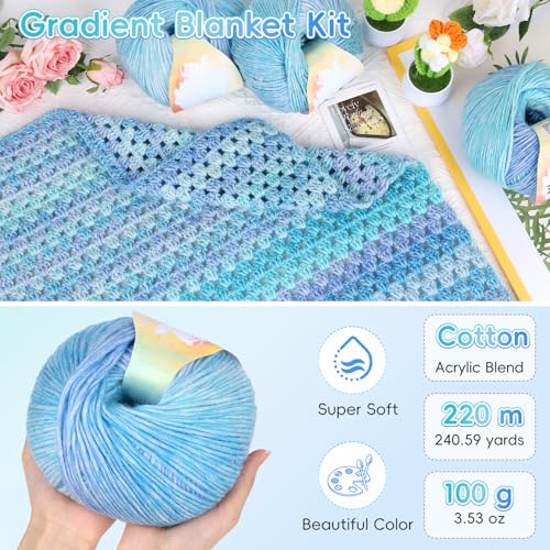 Image of Aeelike Blanket Crochet Kit for Beginners, Super Easy Crochet Blanket Kit with Soft & Colorful Gradient Yarns Detailed Video Tutorials Crocheting Accessories, Aurora Blue Gradient & Ideal Gift