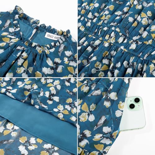 GRACE KARIN Women's Fall Wedding Guest Dresses 2026 Floral Long Sleeve Chiffon Maxi Dress Flowy Boho Dress with Pockets Blue Green and Yellow Floral S — view 5