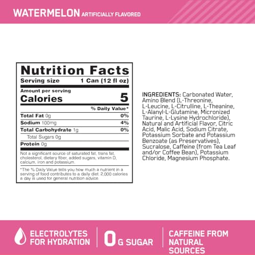 Optimum Nutrition 1086140 Amino Energy Sparkling Hydration Drink, Electrolytes, Caffeine, Amino Acids, Bcaas, Sugar Free, Watermelon thumb #2