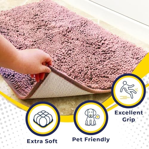 Muddy Mat® AS-SEEN-ON-TV Highly Absorbent Microfiber Door Mat and Pet Rug, Non Slip Thick Washable Area and Bath Mat Soft Chenille for Kitchen Bedroom Indoor and Outdoor - Light Pink 36" x 120"