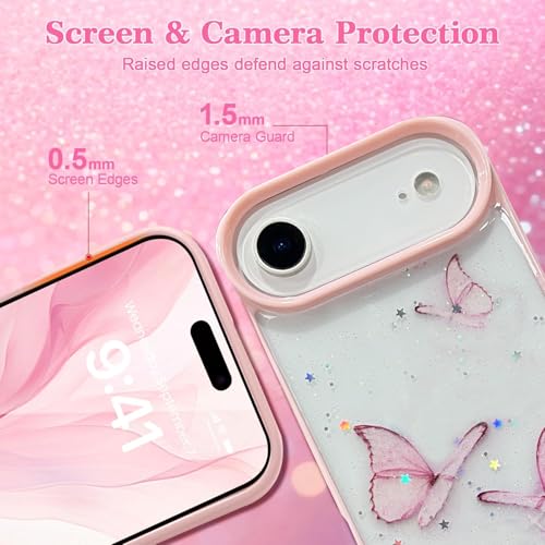 Image of VONZEE Glitter Butterfly Back Cover Case Compatible with iPhone 17 Air, Clear Cute Bling Sparkle Shiny Soft TPU Bumper Shockproof Women Girls Slim Protective Phone Cover for iPhone 17 Air 6.6 inch,Pink