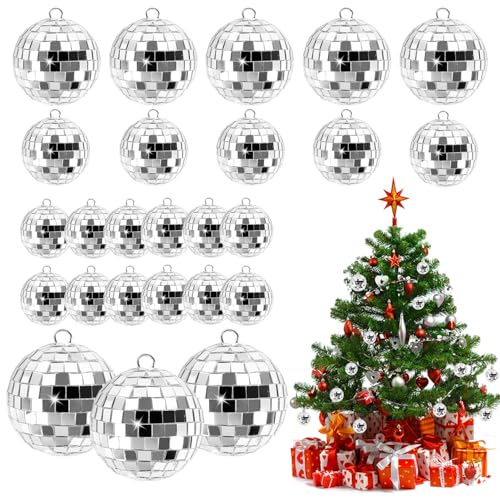 Boule à Facettes, 25pcs Boule à Facette Kit, Boules Disco Argentées à Suspendre, Boule Disco Brillant, Mini Boule Disco avec Corde, 4 Tailles de Boule Disco, Disco Ball, pour Décorations de Noël