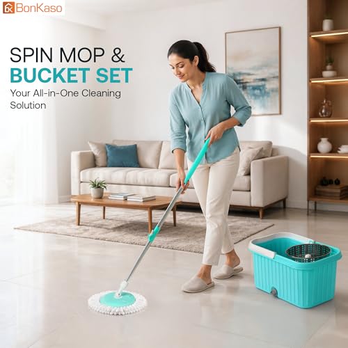 Image of BonKaso Plastic Spin Mop Bucket, Moppers for Cleaning Floor, Mop Set Extendable Handle, Removable Steel Wringer 360 with Floor Cleaner Mopping Stick (Square Steel Wrangler Mop Set)
