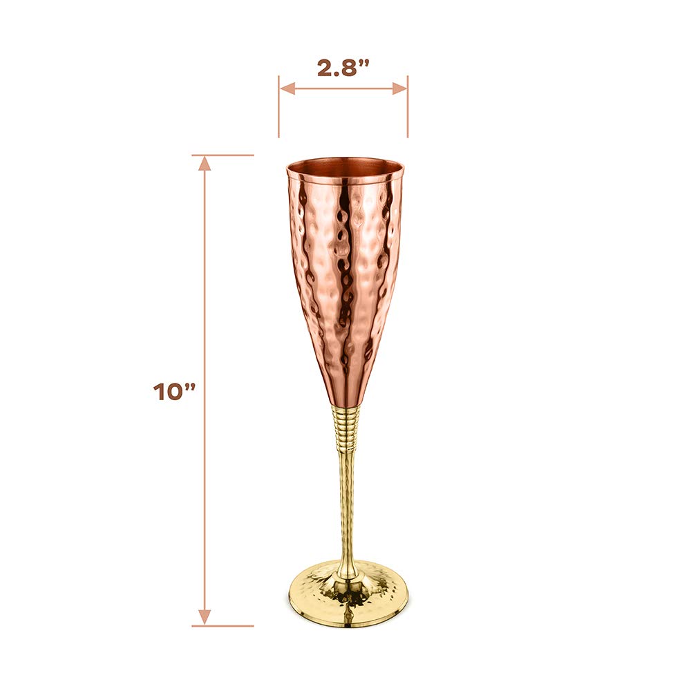Avador Set of 2 Shatterproof 100% Handcrafted Copper Champagne Flutes Hammered Finish 16 Oz. Gift Set