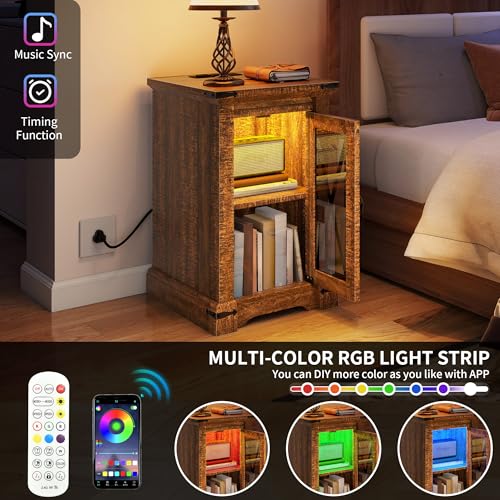 DWVO Farmhouse Nightstand with USB Charging Station & LED Lights, Adjustable Storage Bedside Table for Bedroom/Living Room, Brown