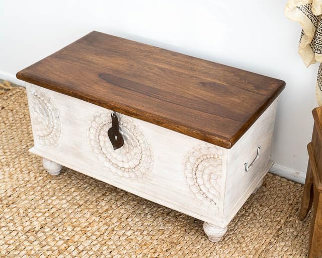 Quick Artsy Solid Mango Wood Trunk box Wooden Storage Box for Home Living room Sandook Storage Chest Distressed White