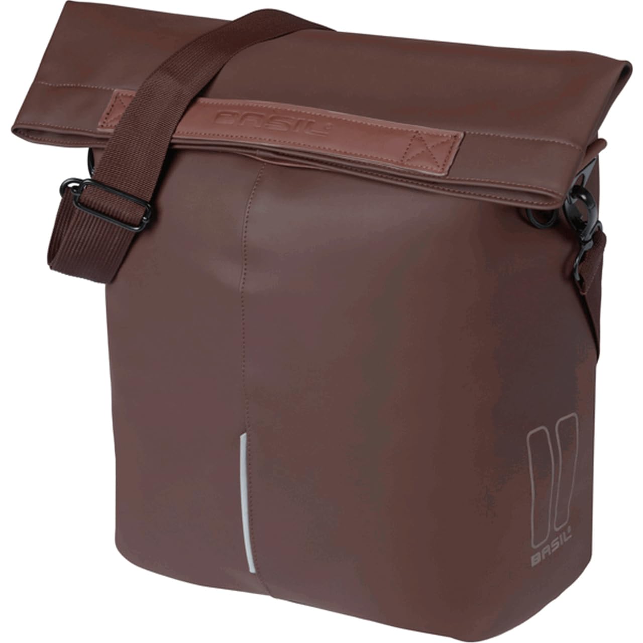 Basil Fahrradshopper MIK Hooks – 14–16L – Veganes Leder – Wasserfester Faltverschluss mit Magnet – Innenfach mit Reißverschluss – LED – Reflektierend – Abnehmbarer Schultergurt – Rostbraun