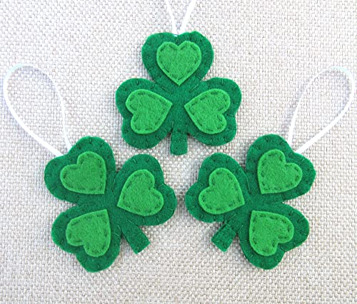 3 lucky clover ornaments, handmade shamrock decorations, St Patrick's Day decor