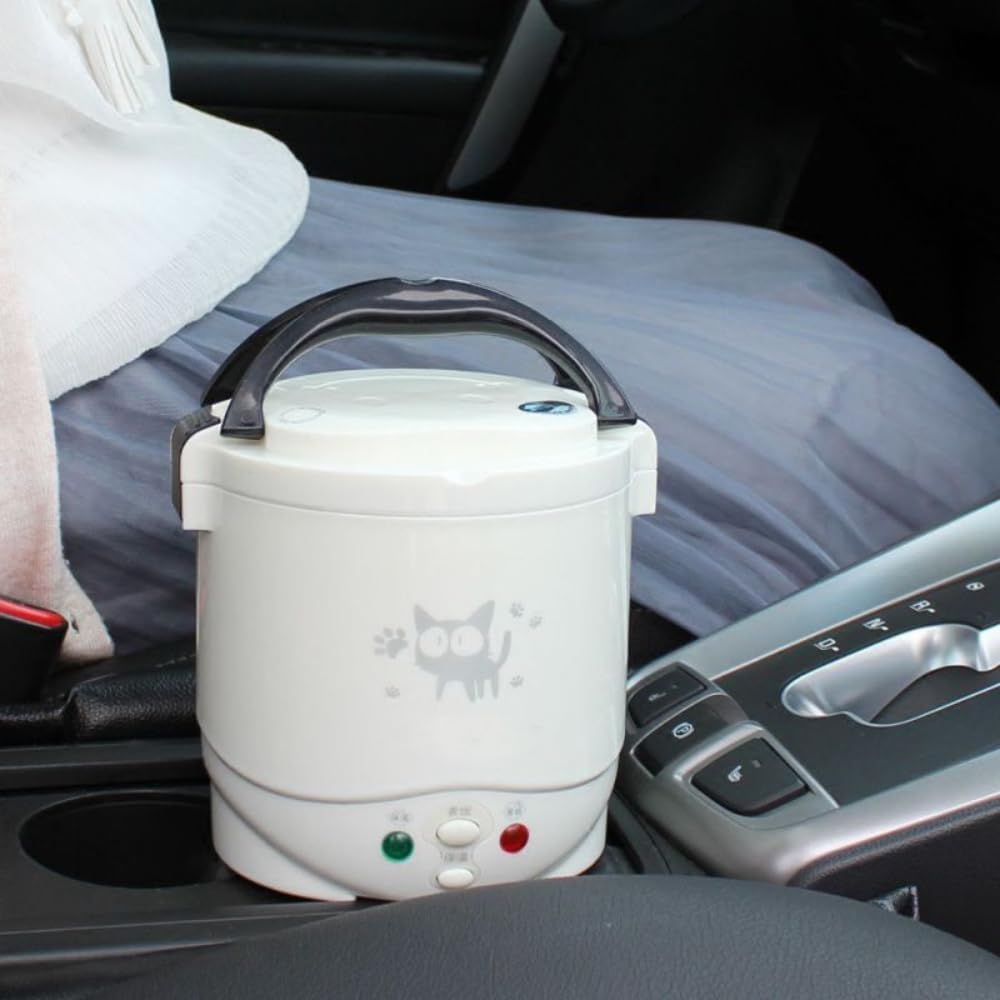 1L Mini Rice Cooker, 12V Electric Lunch Box Multifunctional Portable Rice Cooker Food Automatic Non Stick Pot for Car Travel Camping (White)