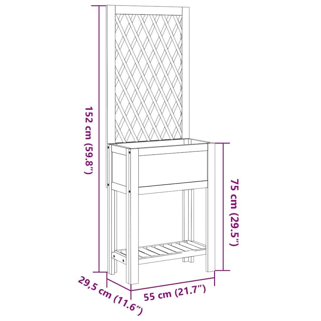 Jardinera con celosía y estante de madera maciza de acacia 55 x 29,5 x 152 cm para plantas trepadoras de jardín y terraza, estructura estable con panel decorativo y estante