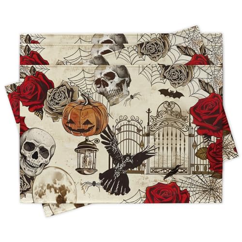 Croar Halloween Vintage Gothic Placemats Set of 4, Retro Door Rose Flowers Skull Crow Jack O Lantern Pumpkin Dining Place Mats Table Decor, Moon Spider Web Bats Home Kitchen Decoration 12 x 18 Inches