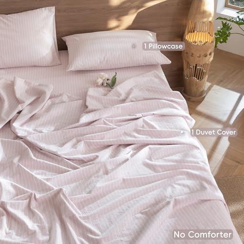 Image of MooMee Striped Duvet Cover Set 100% Washed Cotton Linen Like Twin | Relaxed Linen-like Texture. Soft, Breathable & Long-lasting Comfort. Lightweight. Hidden Zipper with 8 Interior Corner Ties