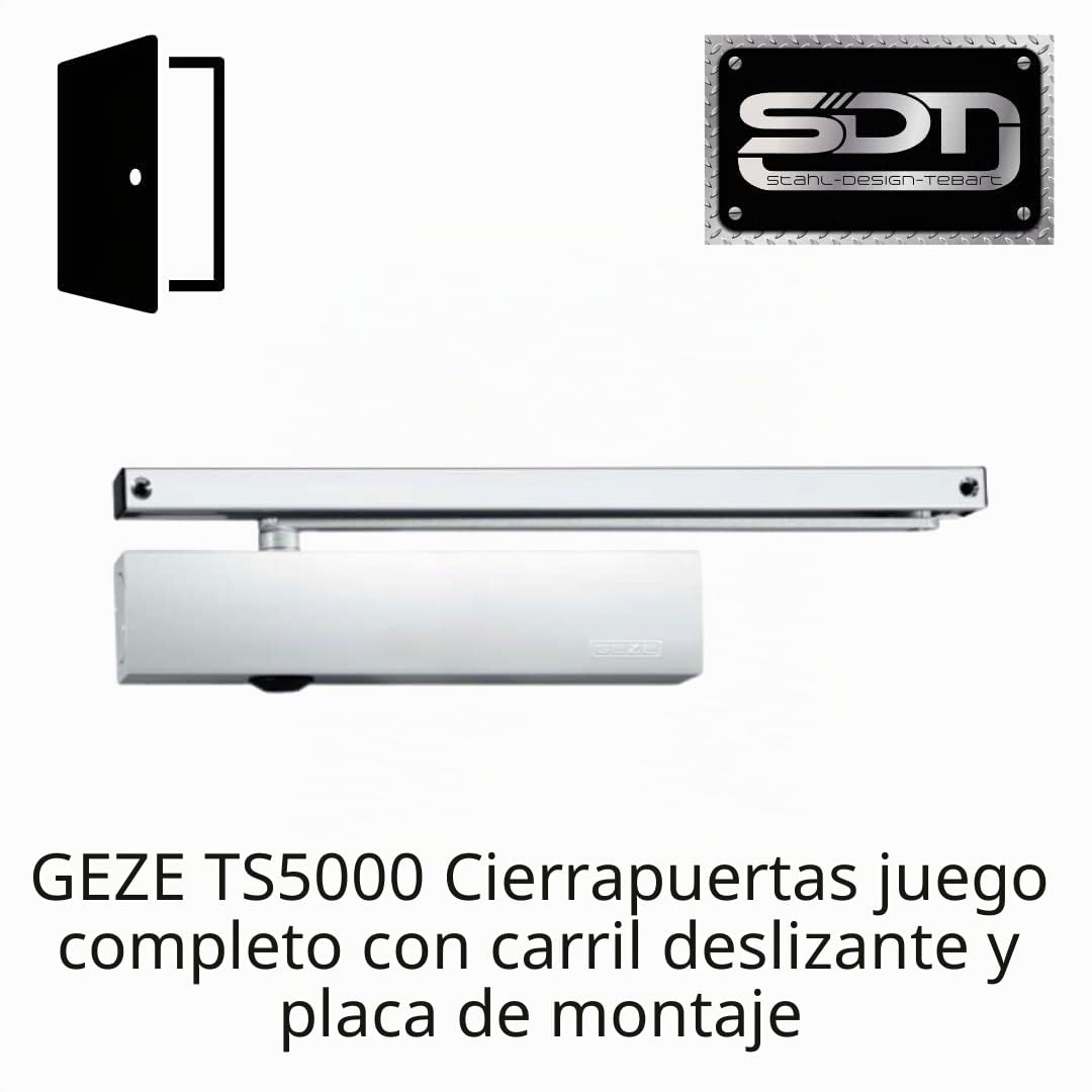 Geze GEZE TS5000 - Cierrapuertas (paquete completo, incluye placa de montaje y riel deslizante), color plateado