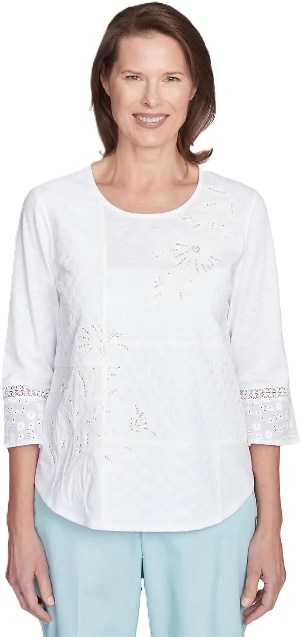 Alfred Dunner ST. Thomas Women's Lace Patchwork Embellished Sleeve Top