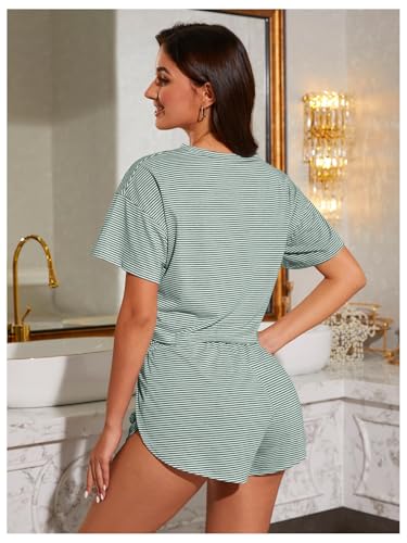 Image of OYOANGLE Womens Pajama Sets 2 Piece Sexy Lounge Sets Summer Cute Pjs Striped Print Tee and Side Split Shorts Set