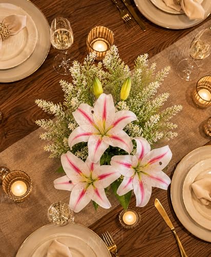 Image of Divyakosh Artificial Flowers Bunch (Vase Not Included). Artificial Flower for Vase Flower Bouquet Gift Pink Lily Arrangement for Living Room Dining Table Office Decor