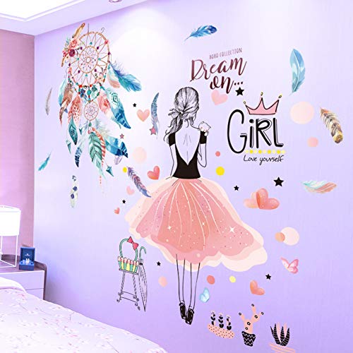 ERQINGQT Etiqueta De La Pared Chica De Dibujos Animados Pegatinas De Pared De Vinilo DIY Dreamcatcher Plumas Calcomanías Murales para Niños Habitaciones Bebé Dormitorio Decoración del Hogar