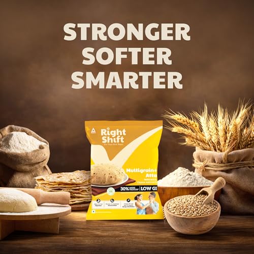 Image of Right Shift High Protein Multigrain+ Atta, 5kg | 30% MORE protein |0% Maida| High Fibre Atta | Low GI | 18g protein in 4 rotis | Oats, Chana, Whole Wheat | Healthy Atta