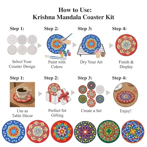 Image of HOBBY INDIA Rangoli Mandala Art Kit for Adults and Kids | DIY Tea Coaster Set of 6 with Painting Kit | Unique Art and Craft Kit Gift | Perfect Coaster for Office Desk, Dining Table Kitchen Decoration