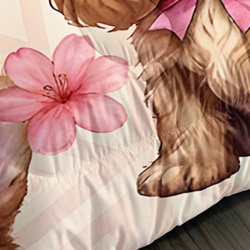 Image of AILONEN Cute Dog Printed Comforter Set Full Size for Girls - Kawaii Puppy Animal Pattern Quilt & 2 Pillowcases - Soft Breathable Pink Floral Bedding Set 3Pcs