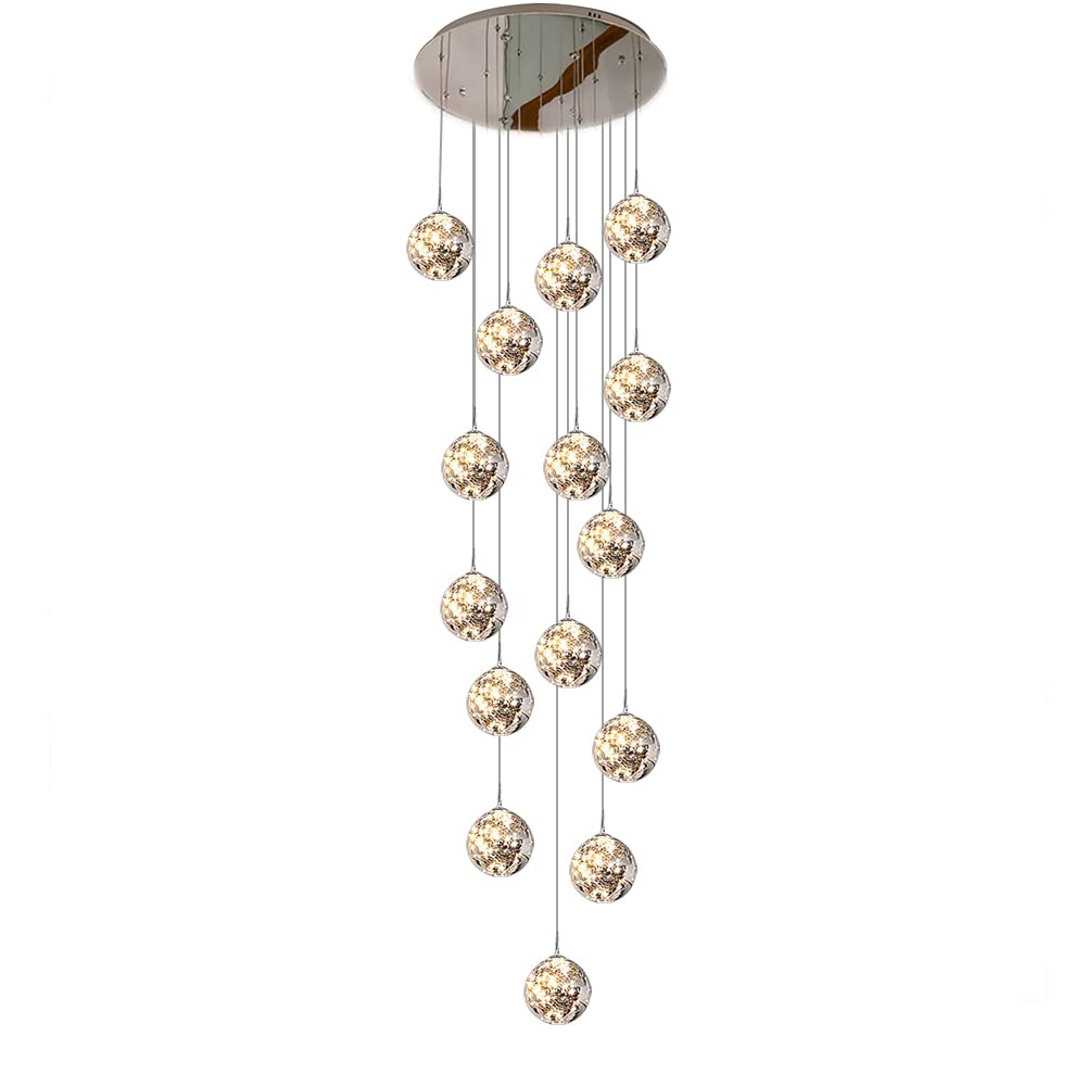 PCXEHUYP Modern 15-Light Stair Chandelier - LED Pendant Lighting with Smoky Gray Glass Balls & Stainless Steel Base for Villa Staircase, Stylish Stairwell Illumination