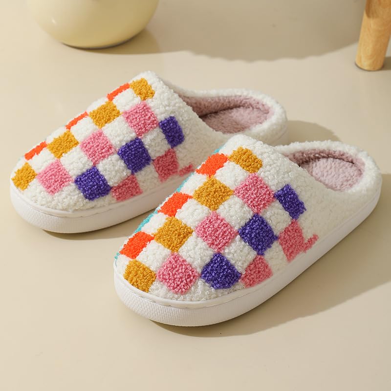 Checkerboard Slippers for Women Soft Cozy House Slippers Plush Warm Home Shoes2
