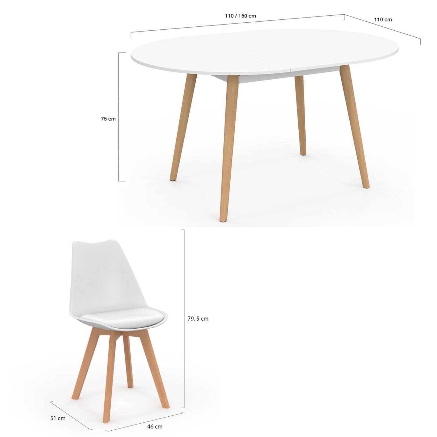 IDMarket - Ensemble Table à Manger Extensible Ronde Angela Blanc Pied Bois 110-150 cm et 4 chaises SARA Blanches