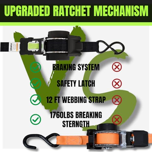 Image of Retractable Ratchet Straps 1''x 12ft Heavy Duty Tie Downs Bolt on Auto Retract Ratchet Strap 1760lb Break Strength Self Retracting for Truck,Cargo,Trailer,Motorcycle,ATV,UTV (Black-Green,2 Pack)