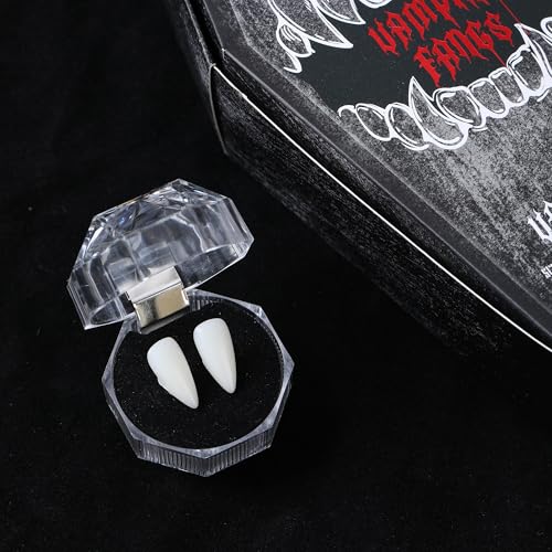 VANERIA 4 Paar Vampirzähne, 4 Größe Reißzähne für Cosplay Halloween mit Tube solide Klebstoff, Vampir Sarg Geschenk Box Design, Fake Reißzähne Vegan/Grausamkeit frei