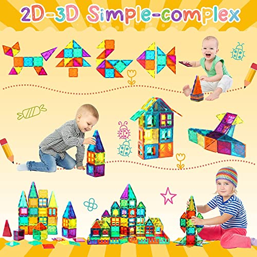 Image of DIMAZO 100 Pieces Magnetic Tiles Magnet for Girls Boys Sensory Magnetic Blocks Building Toys for Kids Preschool Learning Montessori Toy for 3 Year Old Toddler Age 3 to 8 (Multi 100 Magnetic Tiles)