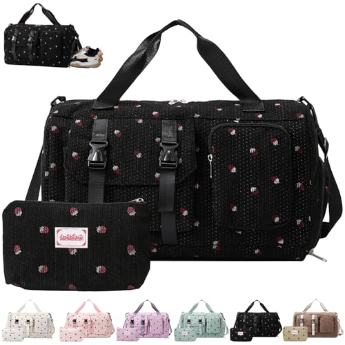 AUNGKWANG Reisetasche Damen, Sporttasche Damen mit Schuhfach, Nassfach and Kleine Geldbörse, Erdbeere Gym Bag, Cord Schwimmtasche, Weekender Travel Bag für Reisen, Fitness, Sport, 46x24x26 cm