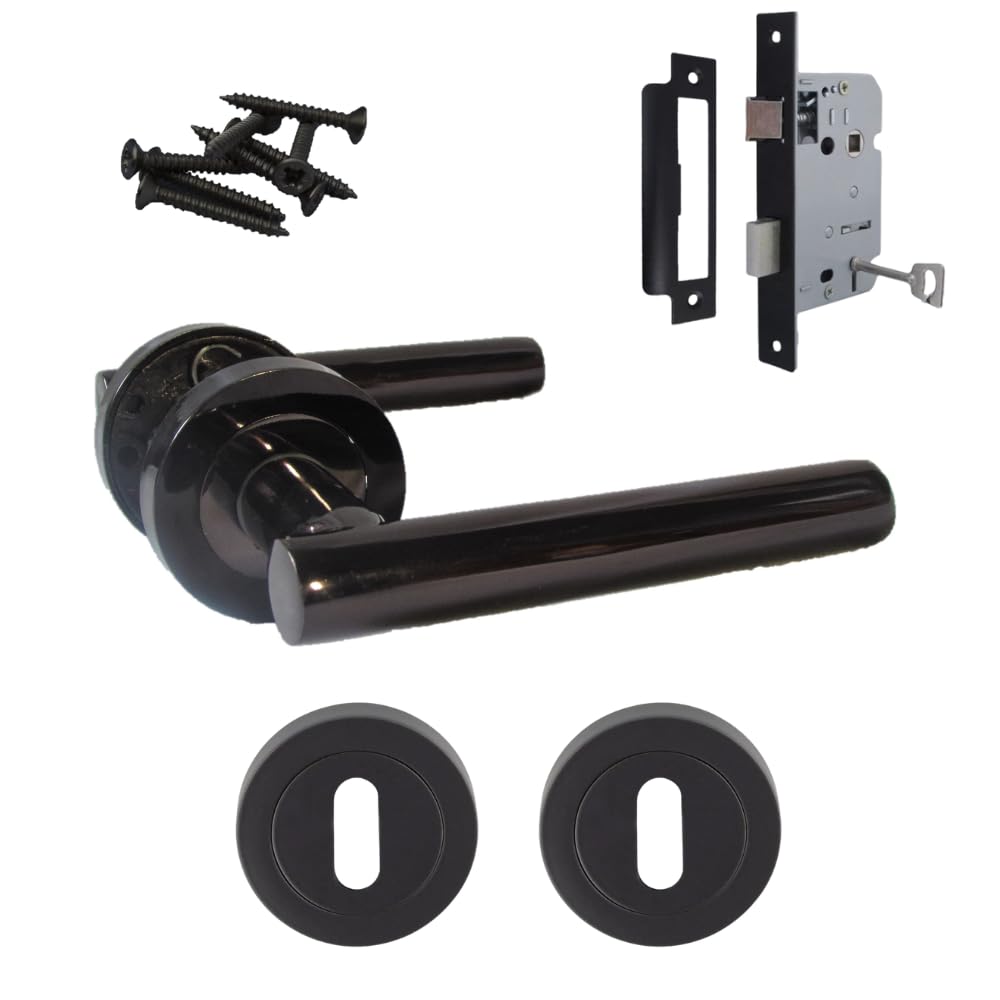 Epsom Door Handle Black Epsom T-Bar Lever On Rose Lock Door Handle – Nickel, 123Mm Lever, 52Mm Rose – With Keyhole Escutcheons & Mortice Sash Lock