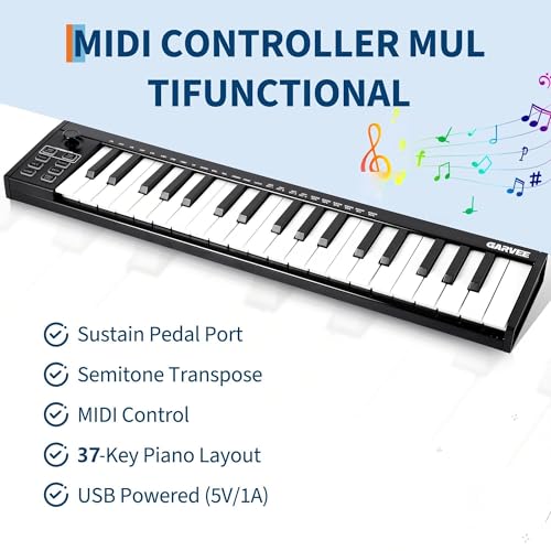Image of 37 Key MIDI Keyboard, USB Controller with 8 Drum Pads OLED Screen DAW Compatible for Home Studio Music Making, Black