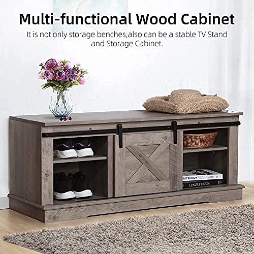 image for Hosslly Shoe Storage Bench, Farmhouse Sliding Barn Door Entryway Bench