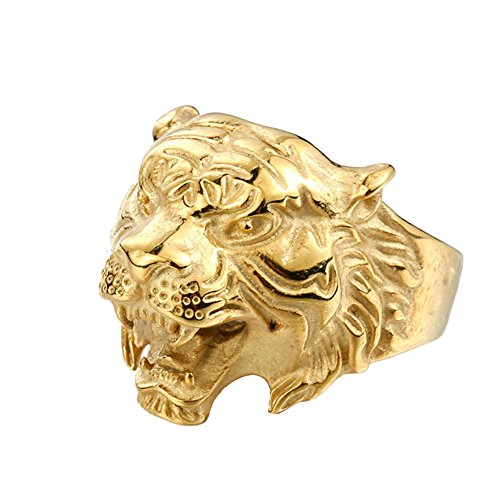 PAMTIER Men's Stainless Steel Vintage Gothic Biker Tiger Head Ring Band Animal Design Gold Size 8