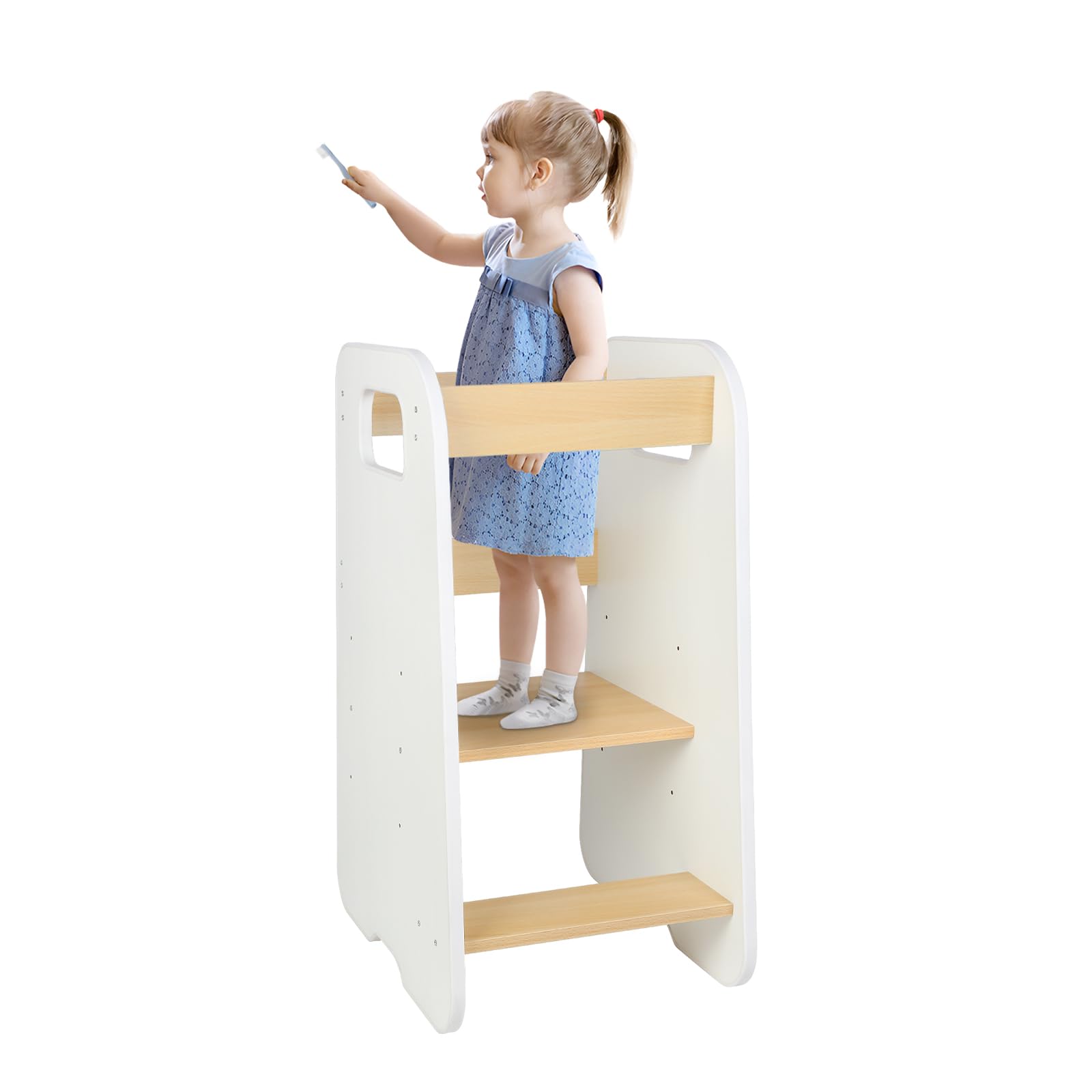 Lernturm aus Holz, höhenverstellbar – Beobachtungsturm für Kinder mit rutschfesten Streifen – Montessori Hocker für Kinder Baby ab Ständer – 90 x 42 x 40 cm, Weiß