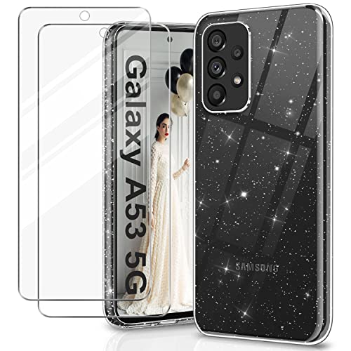 YNMEacc Coque pour Samsung Galaxy A53 5G Housse avec 2 Verres Trempés Protection écran, Samsung A53 5G Coque Transparent Silicone Mince Souple TPU Antichoc pour Samsung Galaxy A53 5G Cover
