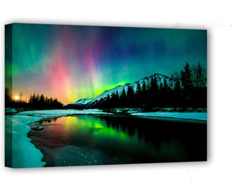 Led Canvas Painting Wall Art Aurora Artwork USB Power Buletooth Control Light up Wall Room Bedroom Office Wall Decoration Scenery Framed Picture Decor Panel 15.75"x11.8"x1.26"