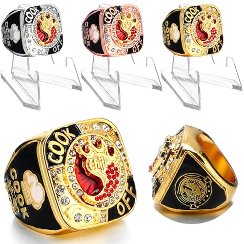 Landical 3 Sets Chili Cookoff Trophy Ring 1st, 2nd, 3rd Place Medal Etched on Side Chili Cook Off Prizes with Acrylic Display Stand for Award Ceremony Decorations