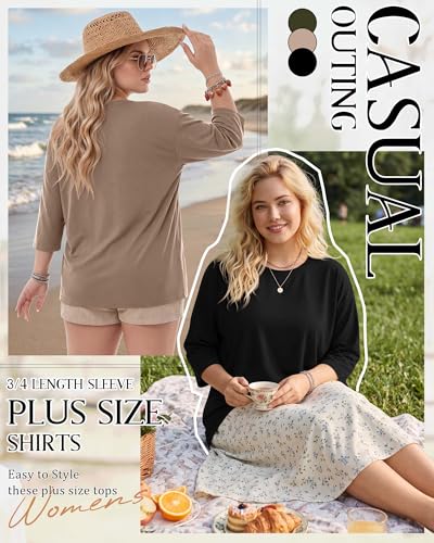 Image of Locoowai 3 Pack Women Plus Size Tops 3 /4 Sleeve Cotton Crew Neck Oversized T Shirts Loose Fit Tee Tunic Casual Blouse