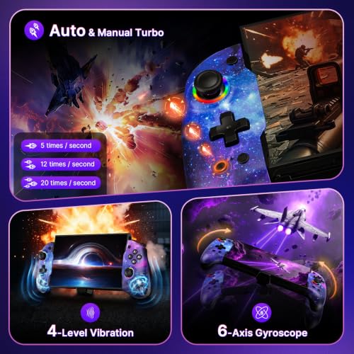Image of NexiGo Hall Effect Gripcon for Switch 2, 4K HDMI Output for TV Mode, Ergonomic Handheld Controller with Hall Sensing Joysticks & Triggers, RGB Lights, Mapping, 6-Axis Gyro, Turbo, Cosmic Nebula