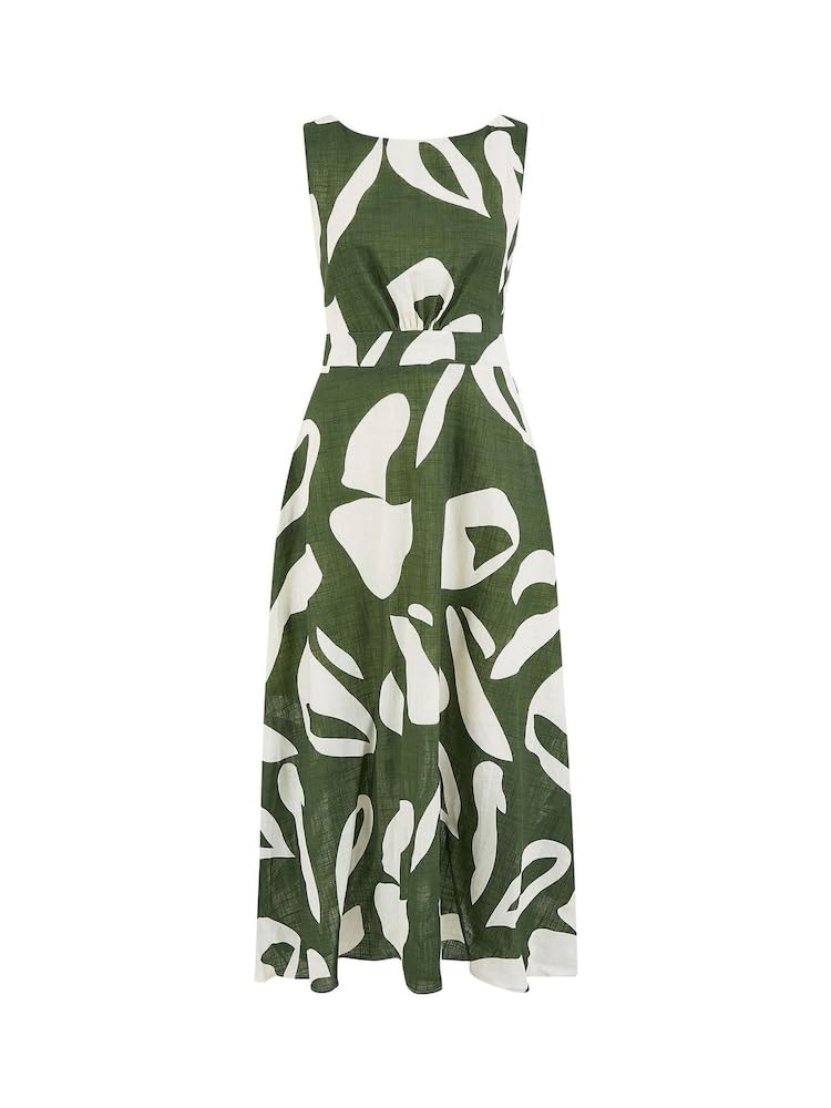 Yumi Women's Green Cotton Abstract Print Maxi Dress With Tie Back - Size 12 Uk
