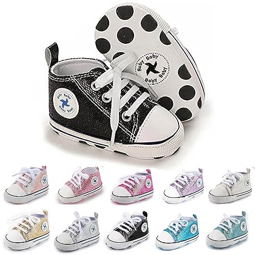 Image of Baby Girls Boys Shoes Soft Anti-Slip Sole Newborn First Walkers High Top Canvas Denim Unisex Infant Sneaker