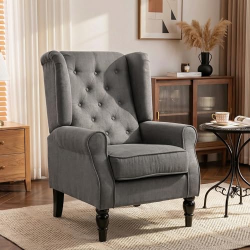 HOMCOM Mid-Century Modern Accent Chair, High Wingback Reading Chair, Button-Tufted Upholstered Fabric Armchair with Retro Wood Legs for Apartment, Living Room, Bedroom, Dark Gray